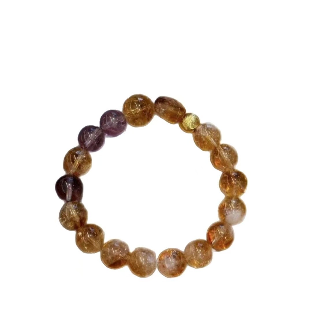 Natural Golden Rutilated Quartz  Amethyst Bracelet Citrine Two Tone Beaded Chain Wealth Energy Jewelry For Women
