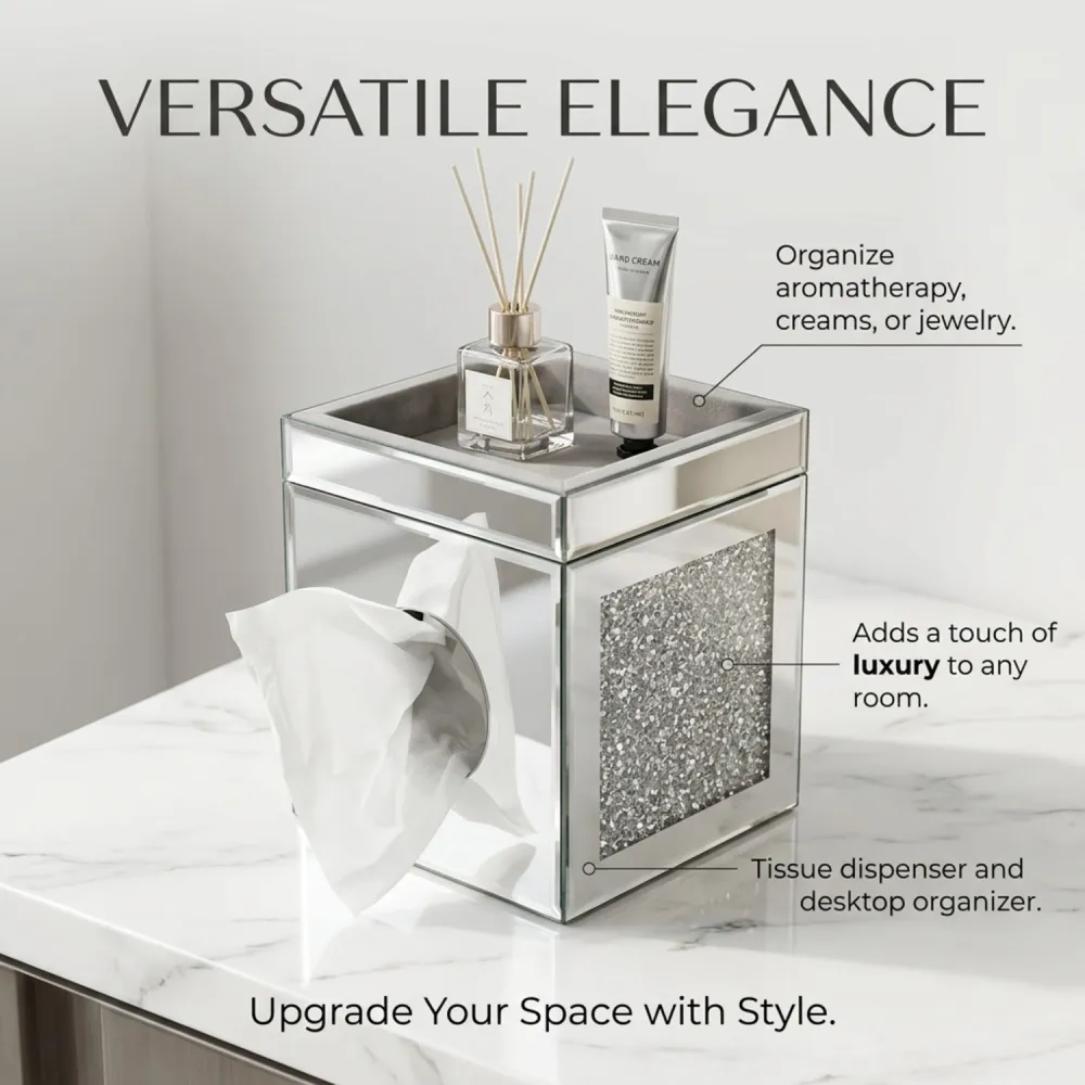 Mirrored Crushed Diamond Tissue Box Cover, Square Glass Tissue Holder, Decorative Napkin Dispenser For Bathroom Vanity Bedroom Tabletop Home Decor
