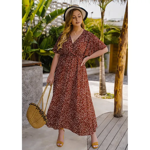 V neck Slim Waist Chiffon Long Skirt Orange - Shop at LoveMi