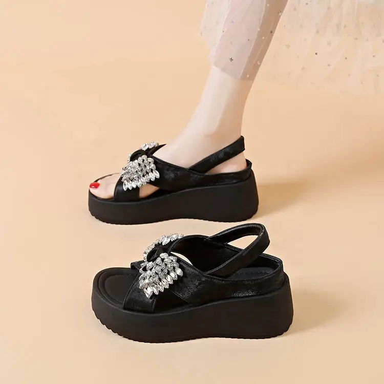 Women's Thick-Sole Height-Boost Breathable Single-Strap Slippers, Rhinestone