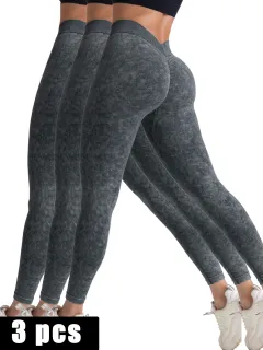 3 Pack V-Back Scrunch Butt Workout Leggings, Women Seamless Gym Yoga Leggings High Waist Active Yoga Pants, Yoga Leggings High Waist Active Yoga Pa... - View 1