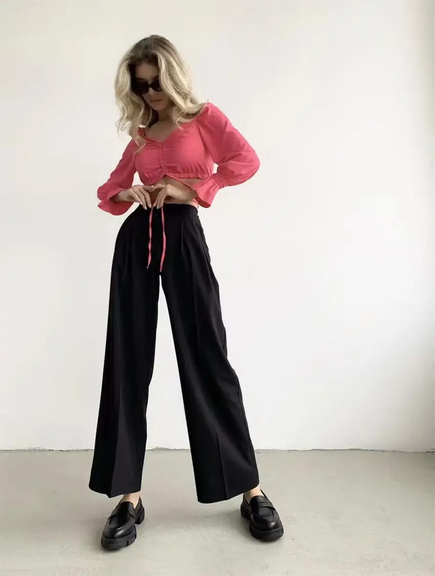 Casual Straight Leg Solid Elastic Waist Trousers