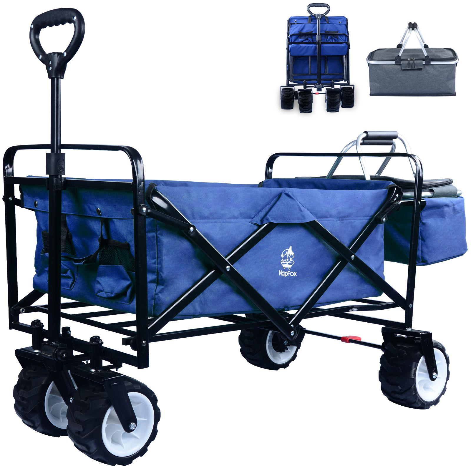 Collapsible Beach Wagon with Cooler Bag, Wheels. Sturdy Frame Construction Equipped with heavy duty 2.4mm thickness metal frame to load up to 350LBS, 600D oxford fabric is waterproof , sturdy, easy to clean. The enlarged storage space: 39.4