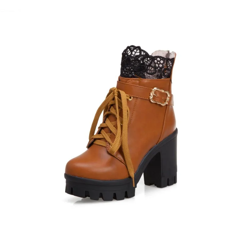 Lace Ankle Boots Lace-up Square Heeled Shoes Women White Black Boots - Brown