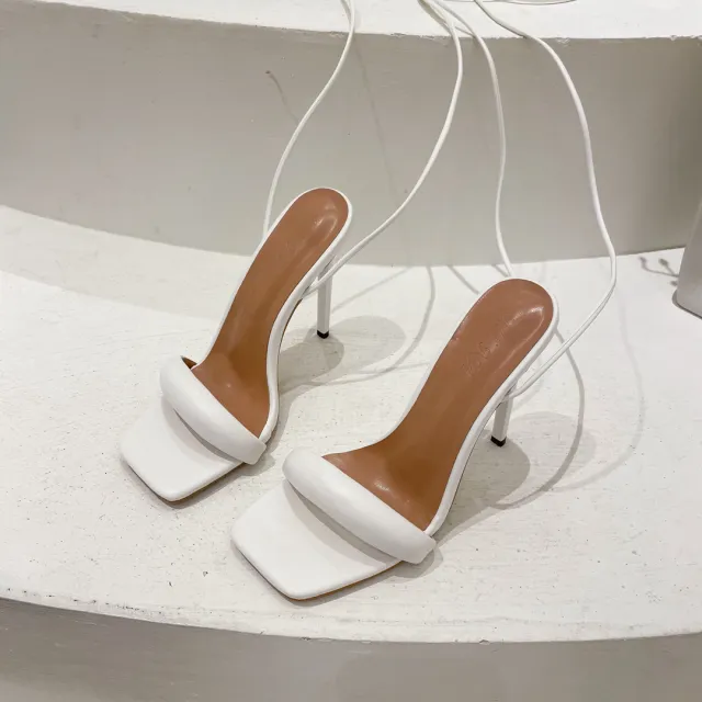 One Word Strap High Heels Square Toe Stiletto Strap Fashion Fashionable Women White - Shop at LoveMi
