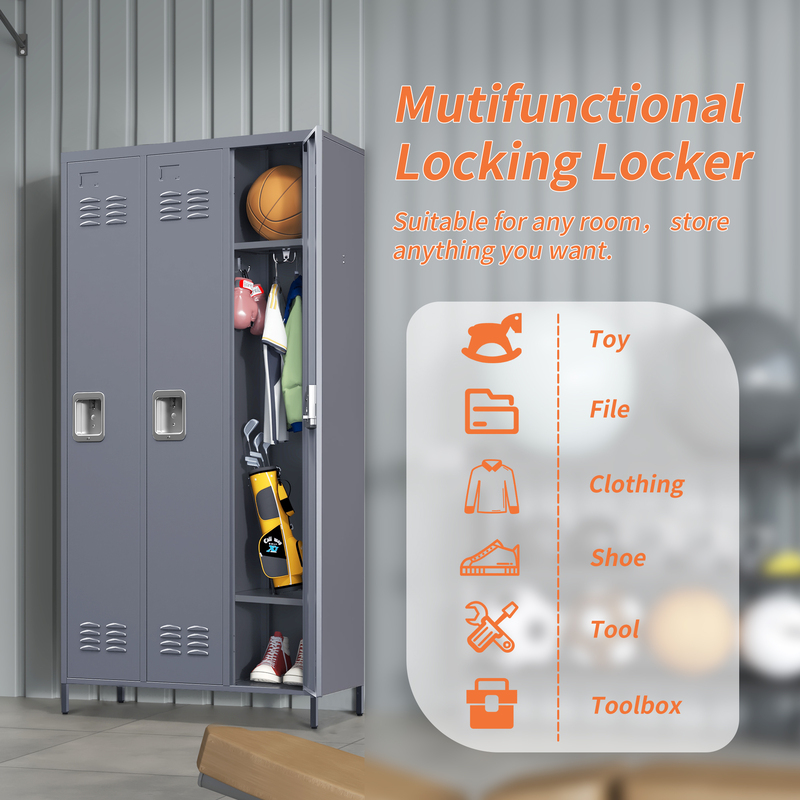 3-Door 72in Steel Locker W Locks For Employees, Storage Cabinet For Home Gym Office School Garage, Gray 4