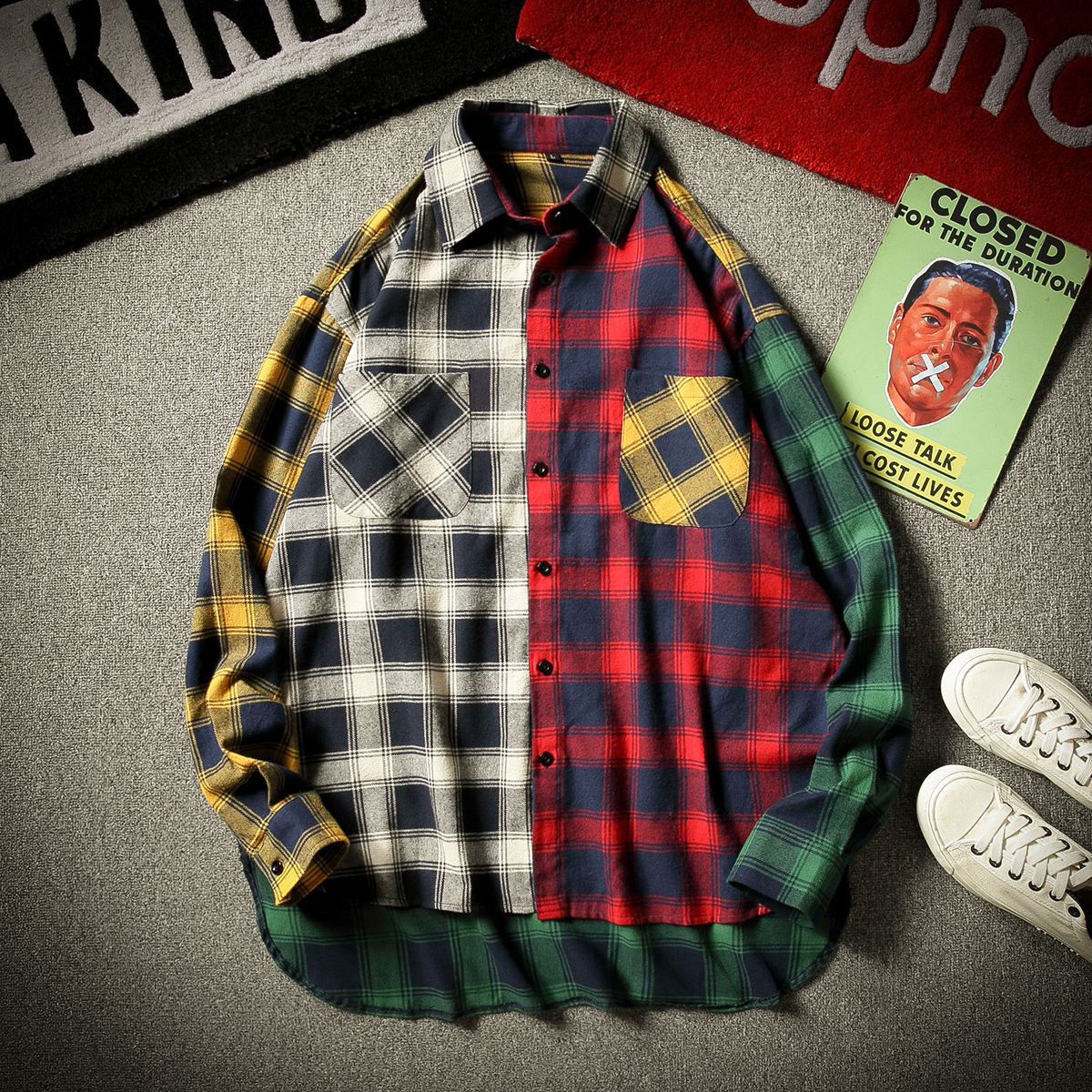 Spring Color Matching Plaid Shirt Men's Original Loose Irregular