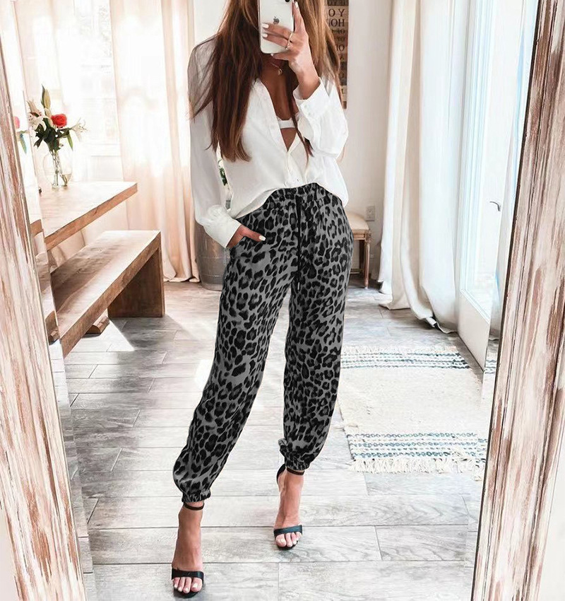 New Leopard Print Elastic Waist Casual Trousers Women Grey - Shop at LoveMi
