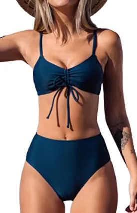 Ladies Fashion Cutout Lace-Up Halter Swimsuit - Blue