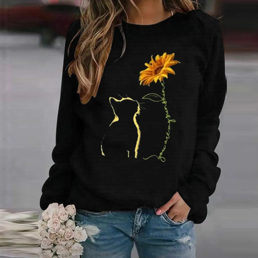 Women's Sweatshirt Round Neck Casual Loose Pullover Top Printed Long Sleeve T-shirt - 1 Style-M