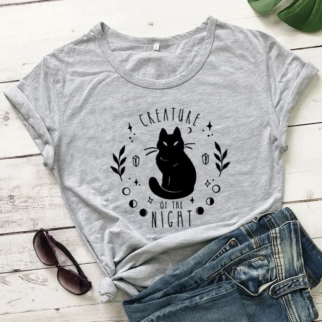 Women's Black Cat Alphabet Print T Shirt Grey - Shop at LoveMi