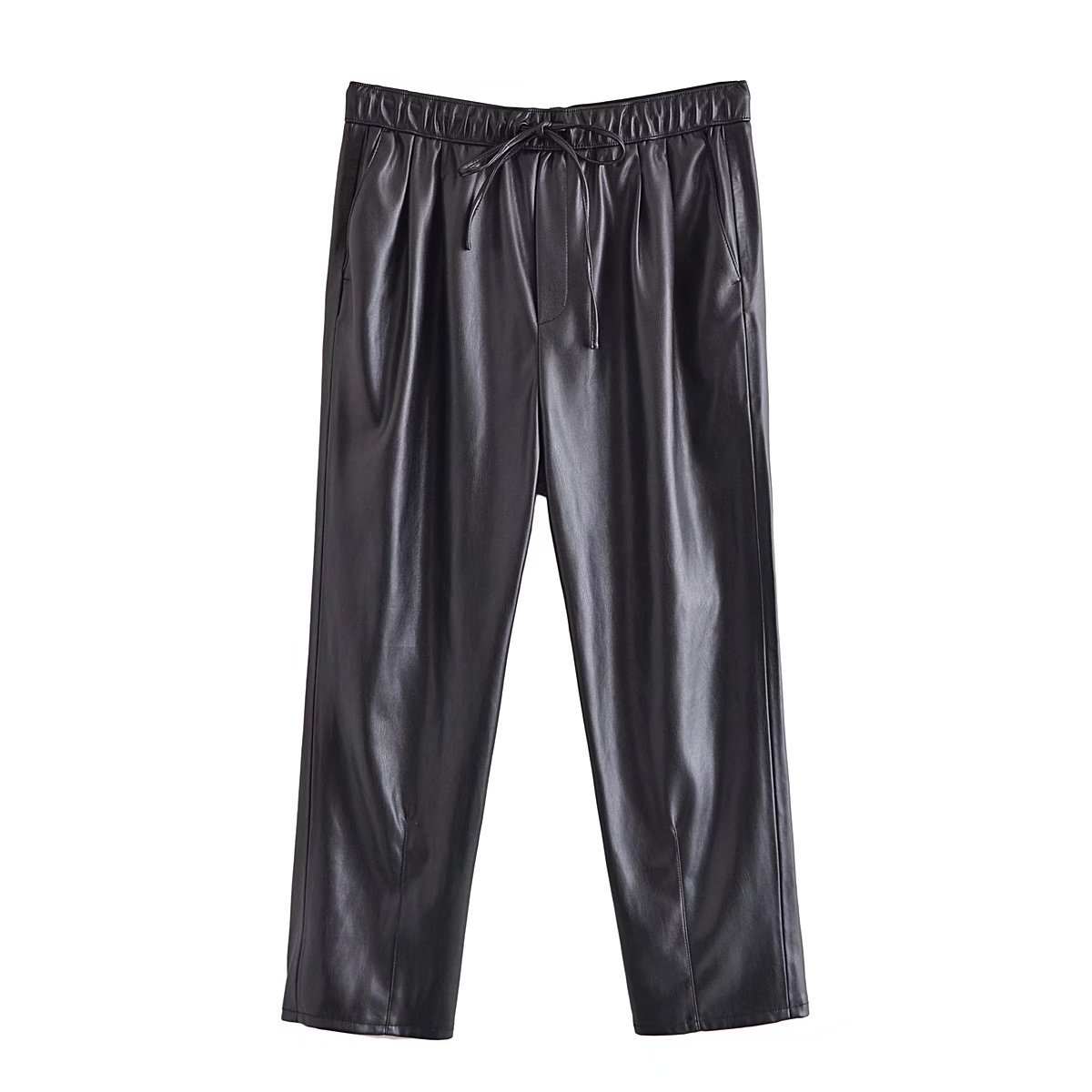 Pure Color Elastic Waist Long Casual PU Leather Pants Black - Shop at LoveMi