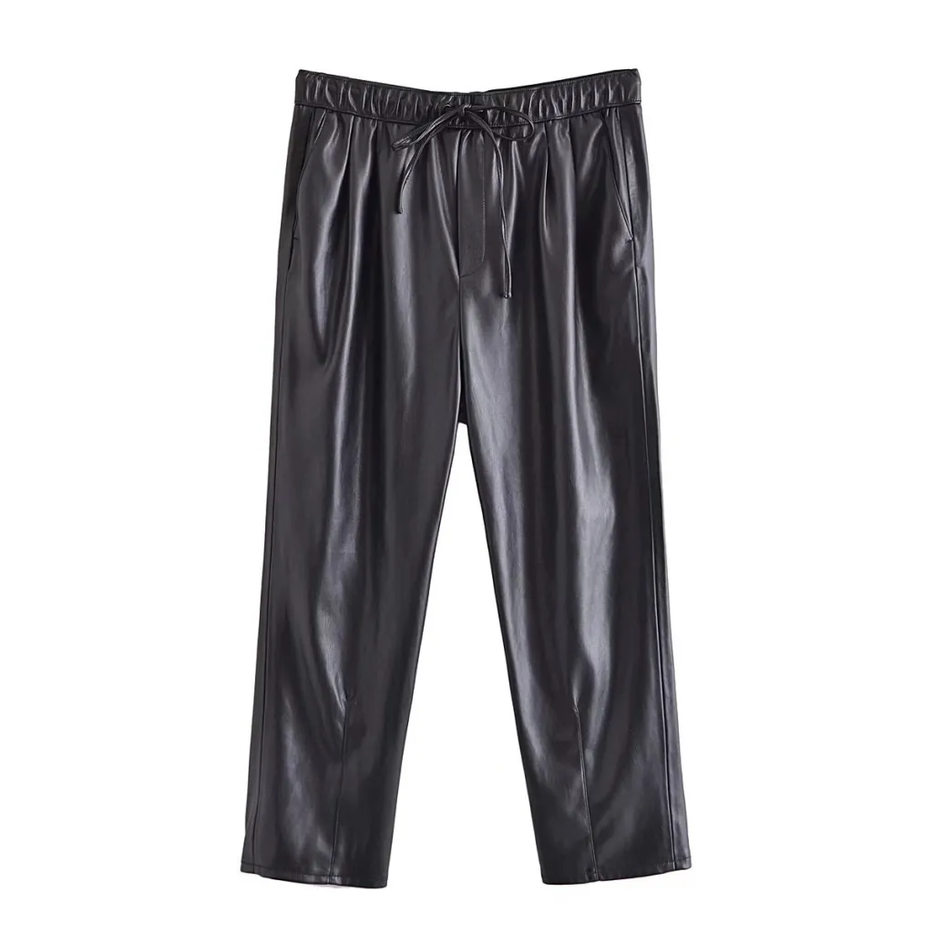 Pure Color Elastic Waist Long Casual PU Leather Pants - Black