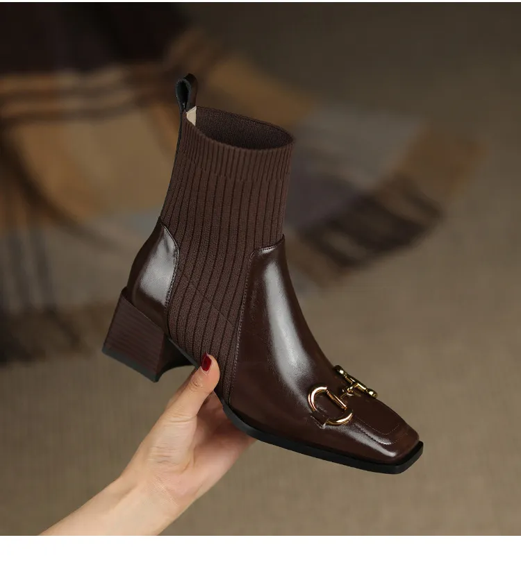 Square Toe Thick Heel Short Single Thin Skinny Boots Women - Brown