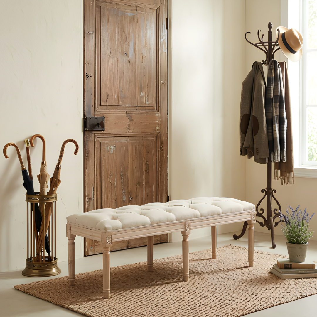 Banc de chambre à coucher, banc d'entrée capitonné vintage français – Image 6