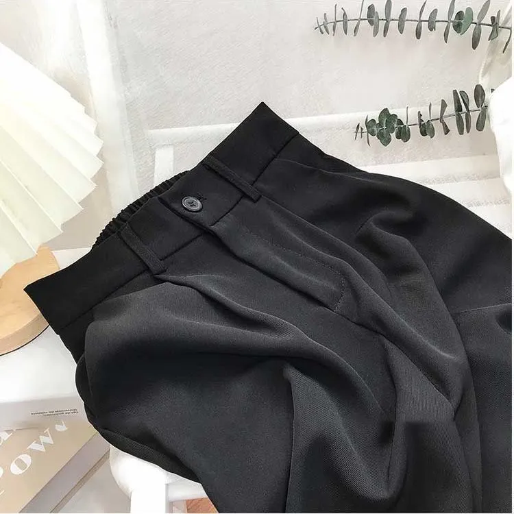 Suit Pants Women's Thin Style High Waist Wide Leg Pants Loose Straight Nine Points West Pants - Black