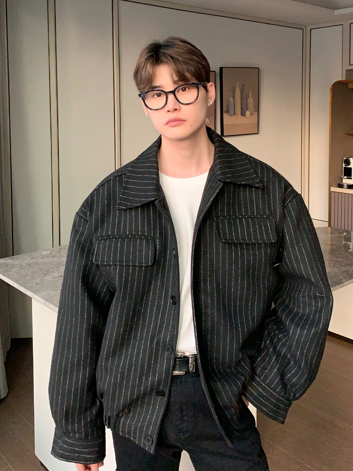 Casual Versatile Lapel Striped Woolen Jacket