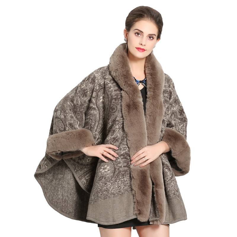 Autumn And Winter Hooded Shawl Cloak Fox Fur Collar All-match Woolen Coat