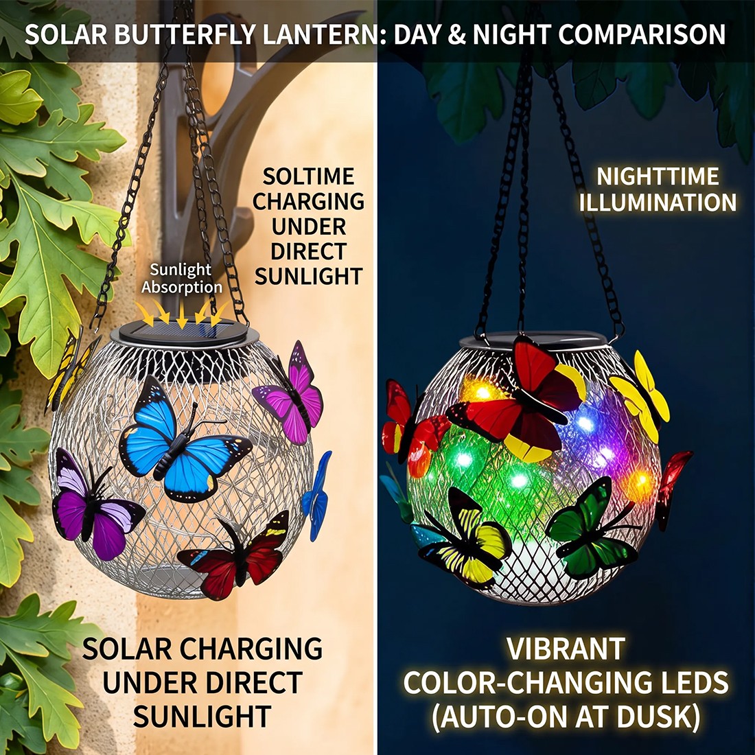2pcs Hanging Butterfly Pendant Solar Power LED Light Mesh Orb Yard Garden Decor — image 4