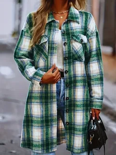 Vintage Plaid Long Cardigan Shirt Jacket - Green - View 1
