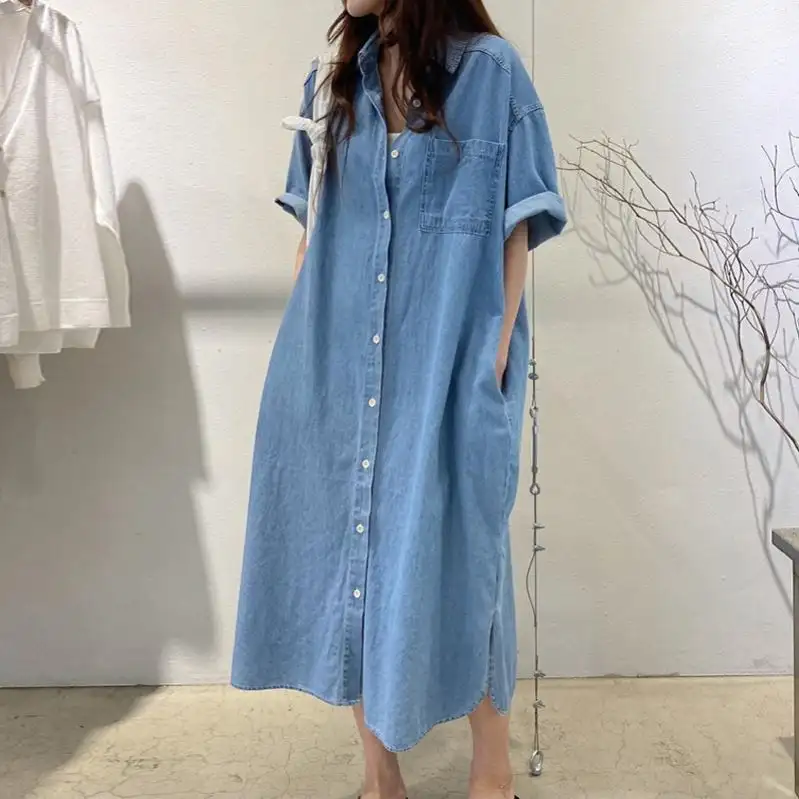 Retro Lapel Single-breasted Casual Loose Multi-pocket Design Over-the-knee Denim Dress Women