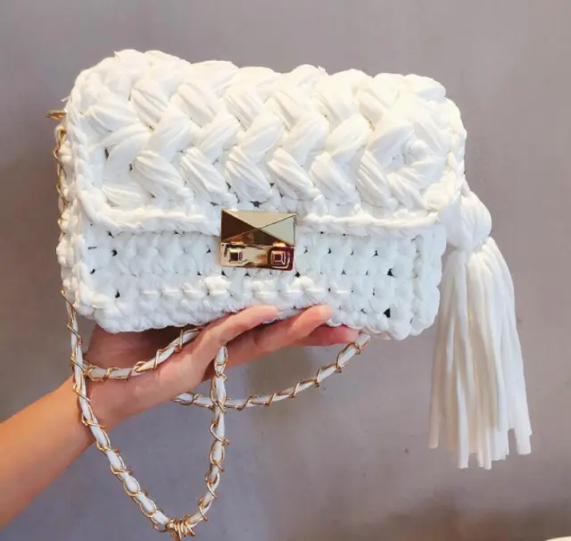 Hand knitted One shoulder Cross body Bag With Wool Cloth Strips White - Shop at LoveMi