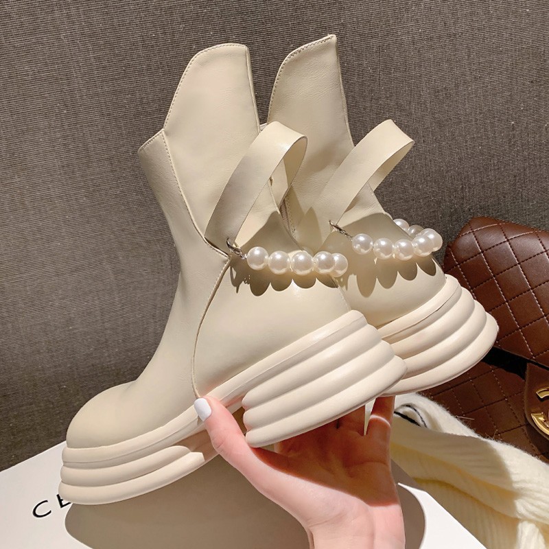 Platform Oblique Mouth Pearl Chain Women's Boots