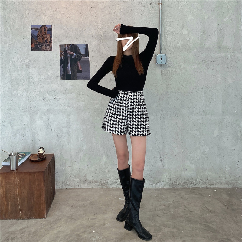 Women's Houndstooth High-waisted Straight Wide-leg Shorts