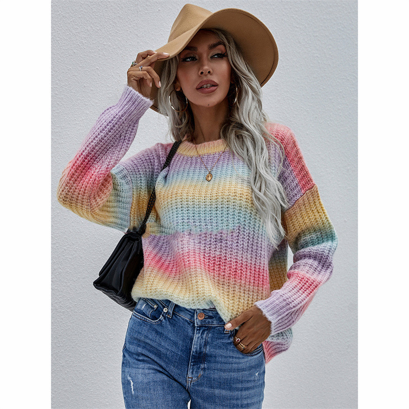 Pullover Stripe Hundred Round Neck Knit Sweater Rainbow Women