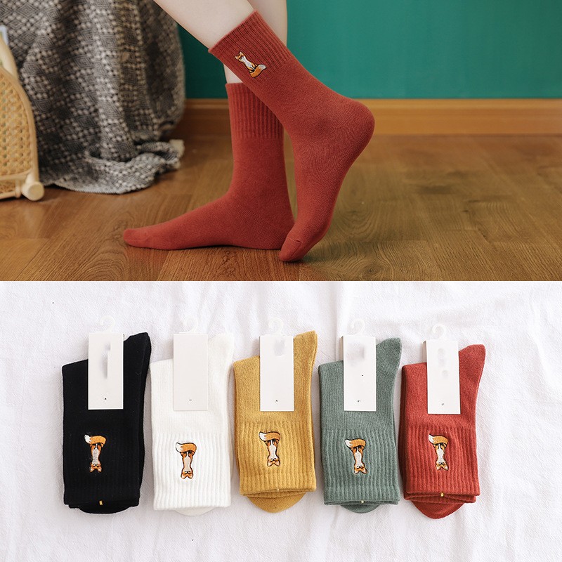 Solid Color Medium Tube Cotton Socks Women's Fox Embroidery High Top Corset Waist