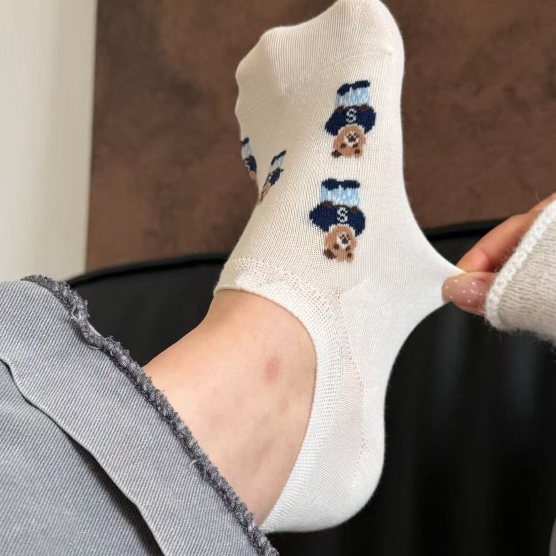 Cute Bear Print No Show Socks, Anti-Slip Hidden Liner Socks, Women's Casual Invisible Socks For Flats & Sneakers