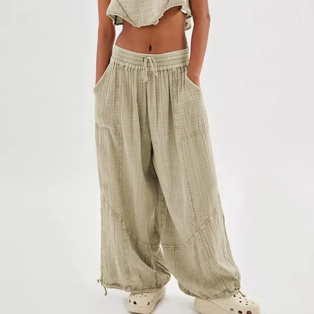 Women's Solid color Wide leg Pants With Elastic Drawstring Waist Elasticized Leg Cuffs Side Pockets For Spring&Fall Fashionable Simple Wear Khaki - Shop at LoveMi