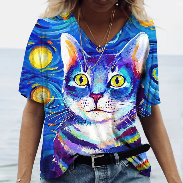 Neck Women's T shirts Cute Cats Graphics Print Short Sl White - Shop at LoveMi