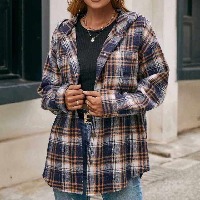 Loose Casual Long sleeved Single breasted Check Hooded Jacket Navy Blue - Shop at LoveMi