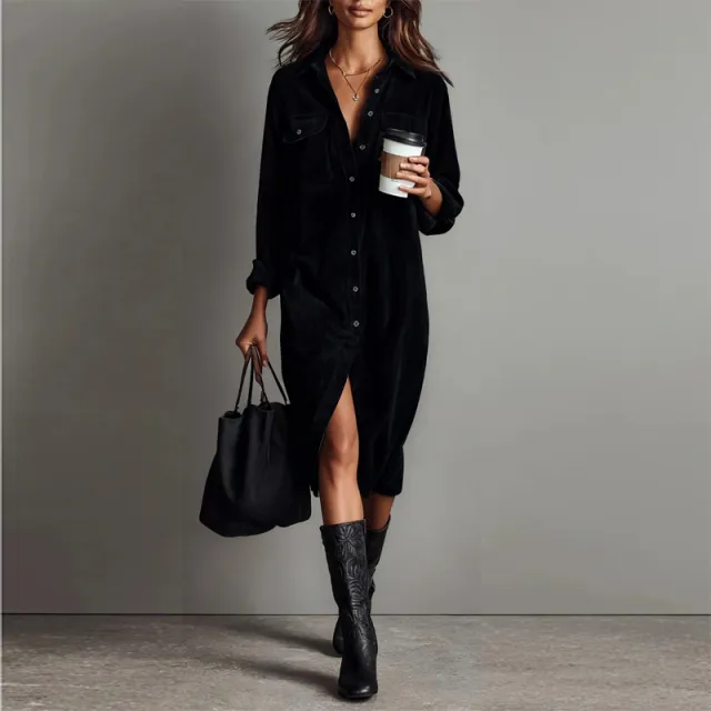 Women's Corduroy Shirt Dress, Long Sleeve A Line Midi Dress With Lapel Collar Button And Chest Pocket Black - Shop at LoveMi