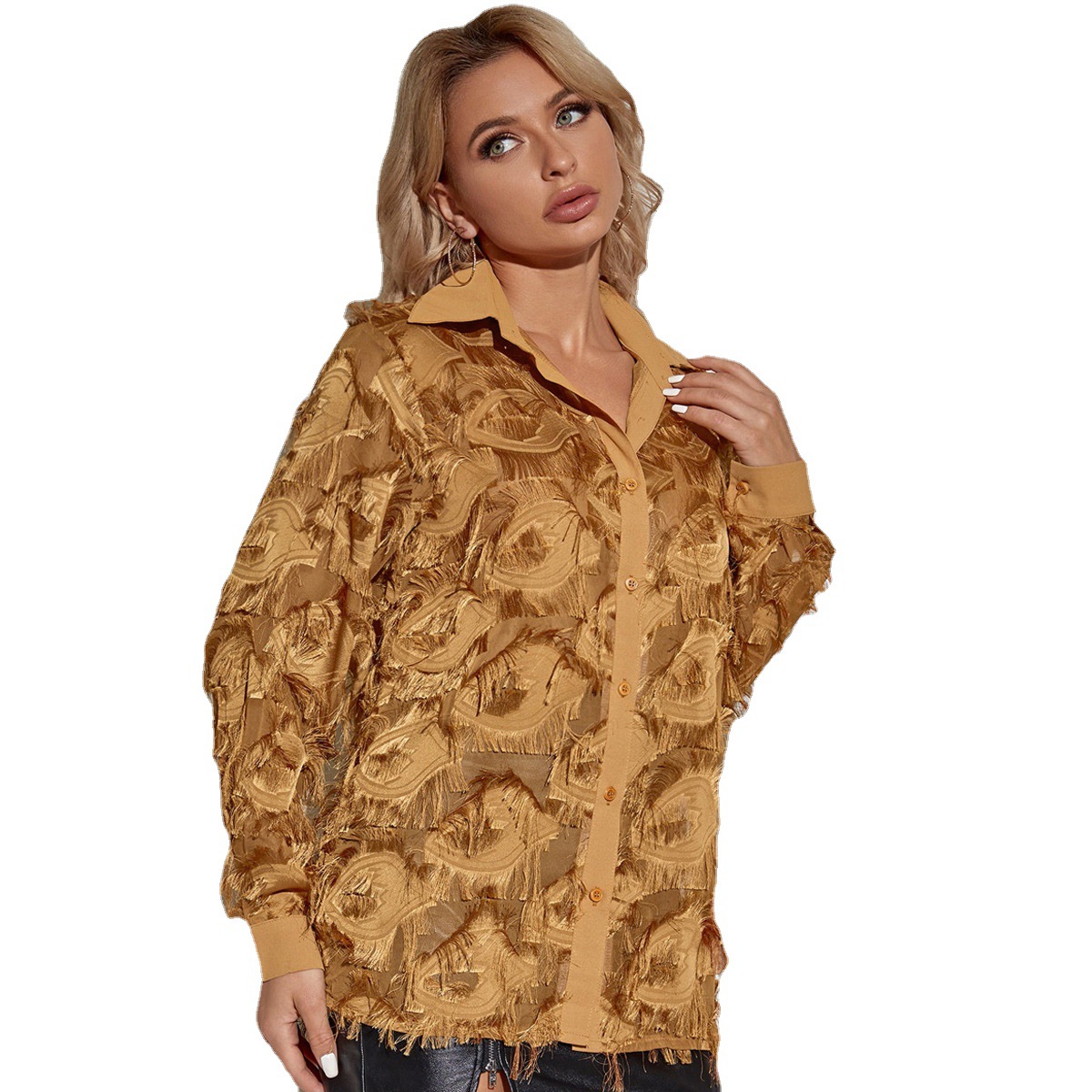 Design Sense Retro Lapel Three-dimensional Flower Fringed Embossed Top