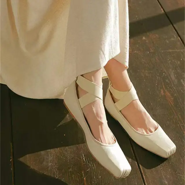 Women's Ballet Comfort Strap Leather Low Heel Pumps Beige - Shop at LoveMi
