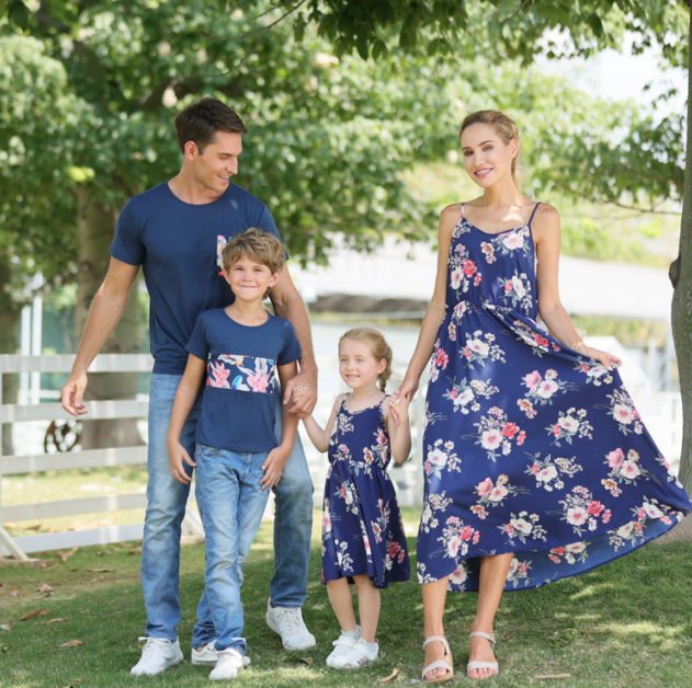 Blue Floral Front Short Back Long Short Sleeve Parent-Child Dress