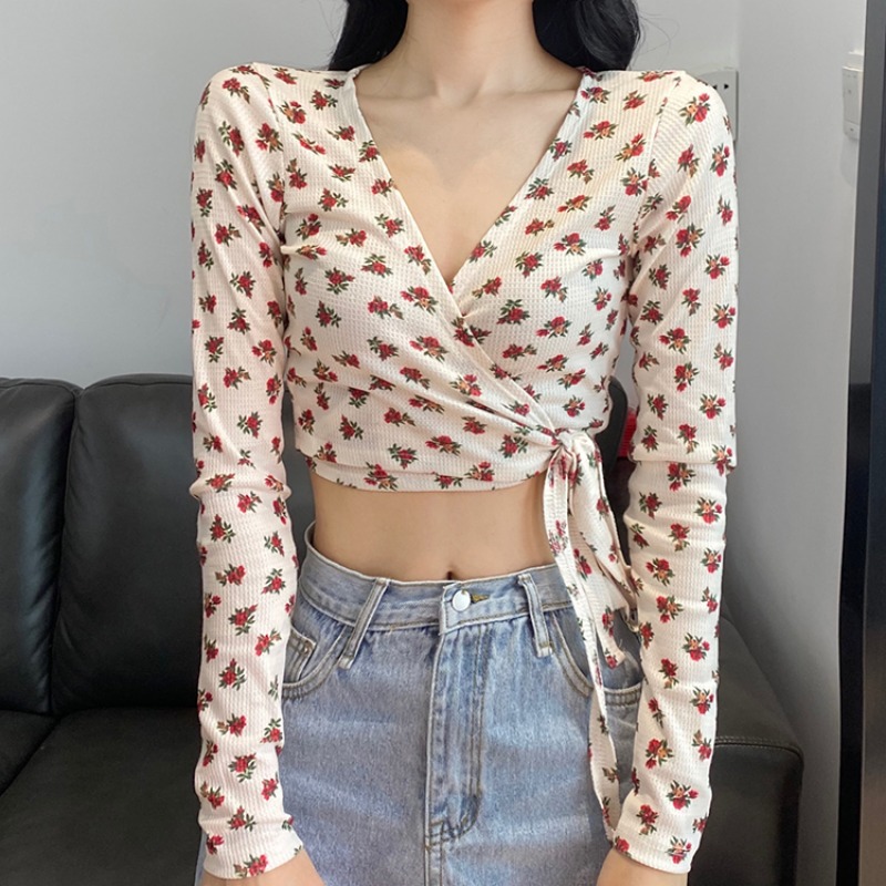V-neck Slim Bottoming Shirt Floral Long-sleeved T-shirt