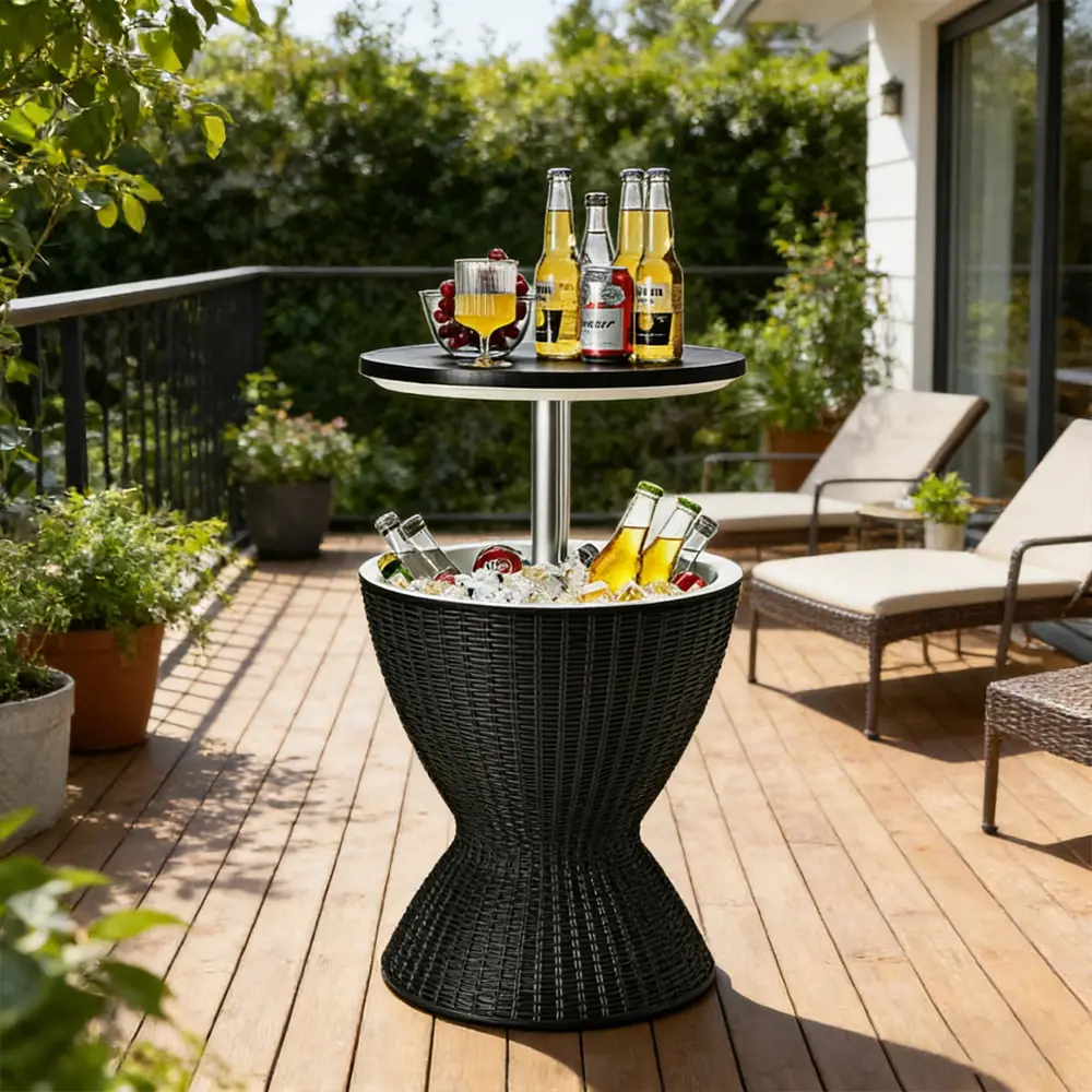 3 Pieces Outdoor Rattan Bar Table With Extendable Tabletop 8 Gal Capacity For A Pool Party, Barbecue, Camping, Etc