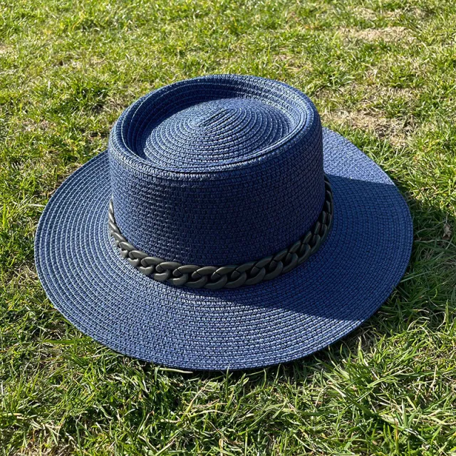 Candy Girl Chain Straw Hat Beach Big Brim Navy Blue - Shop at LoveMi