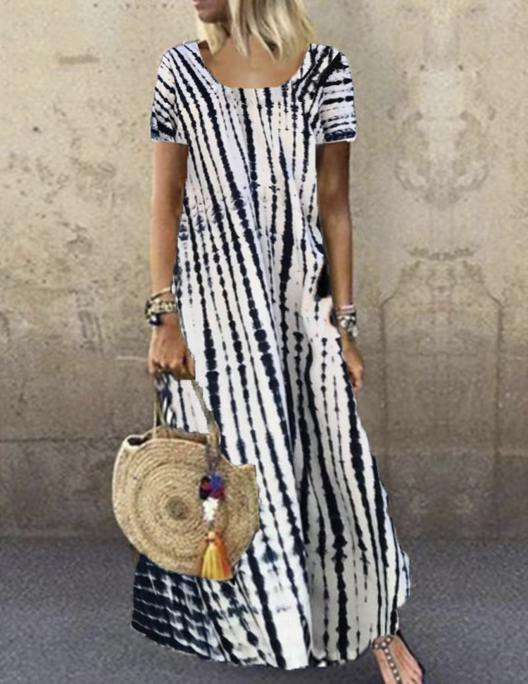Women's Round Neck Short Sleeve Tie Dye Print Maxi Dress