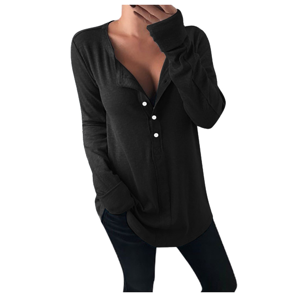 Fashion Long-sleeved T-shirt V-neck Solid Color Button Top
