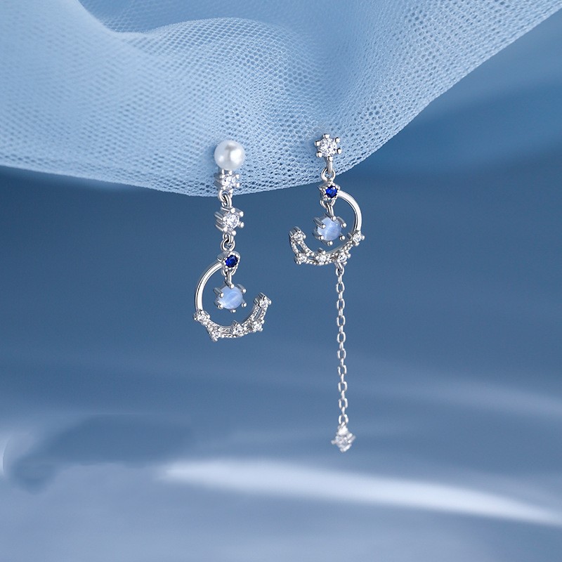 925 Sterling Silver Needle Moon Earrings Female