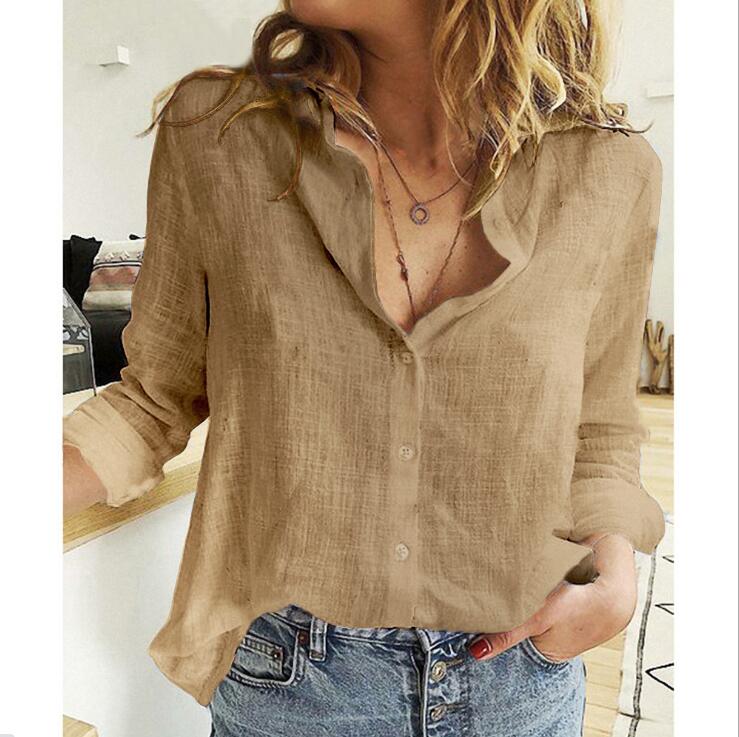 Title 3, Ladies Casual Loose Long-sleeved Linen Shirt Pl...