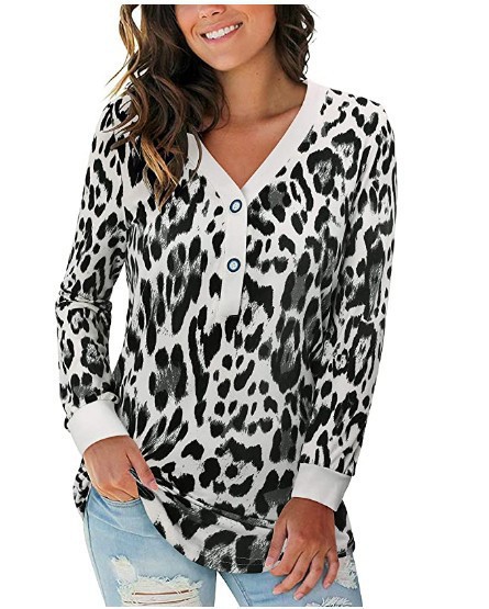 V-neck Button Print Stitching Long-sleeved T-shirt