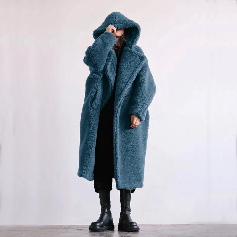 Autumn And Winter Casual Faux Fur Coat Women's Coat Mid-length Coat - Blue
