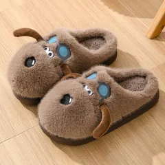Cute Cartoon Dog Plush Slippers Winter Couple Indoor Warm Floor Home Slipper Non-slip Thick Bottom House Shoes - Coffee - View 1