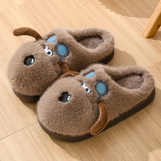 Cute Cartoon Dog Plush Slippers Winter Couple Indoor Warm Floor Home Slipper Non slip Thick Bottom House Shoes Coffee - Shop at LoveMi