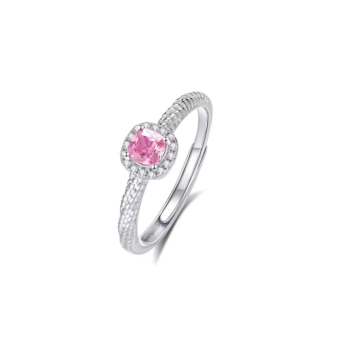 Pink Cushion Cut CZ Sterling Silver Ring | Halo Pave Twisted Band — view 5